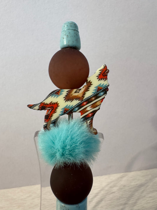 Wolf/coyote with turquoise puff