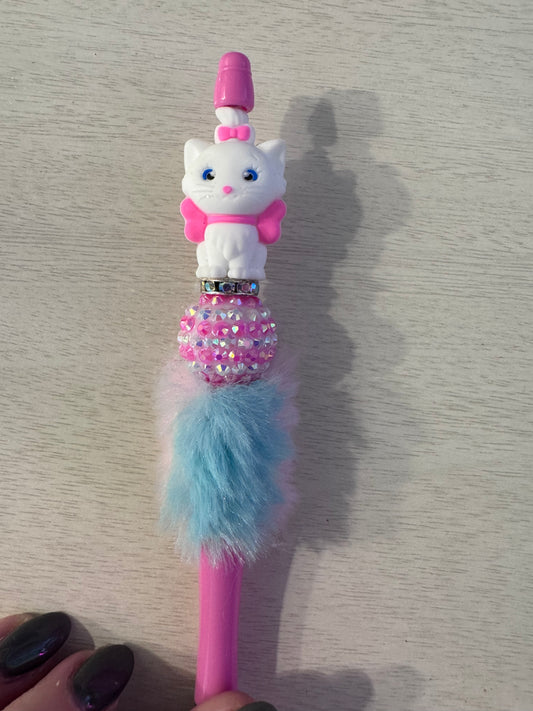Kitty with pink bow and fluffy two colored pen